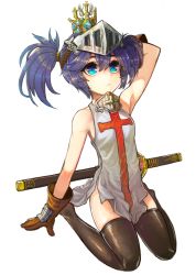 Rule 34 | 1girl, arm behind head, arm support, arm up, armpits, arms up, bad id, bad pixiv id, bare arms, bare shoulders, black thighhighs, blue eyes, blue hair, breasts, brown gloves, closed mouth, cross, cross print, crown, crusaders quest, dress, expressionless, feather trim, full body, gloves, hair tie, helm, helmet, knight, looking up, no shoes, noel (crusaders quest), scabbard, shanmu, sheath, sheathed, shiny clothes, short hair, side slit, sideboob, simple background, sitting, sleeveless, sleeveless dress, small breasts, solo, sword, thighhighs, twintails, visor (armor), wariza, weapon, weapon on back, white background, zettai ryouiki