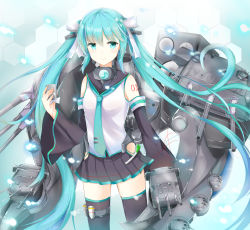 Rule 34 | 1girl, aqua eyes, aqua hair, bad id, bad pixiv id, cosplay, detached sleeves, hair ribbon, hatsune miku, kantai collection, light smile, long hair, musical note, necktie, quaver, ribbon, skirt, solo, speaker, spring onion, tailam, thigh strap, thighhighs, turret, twintails, very long hair, vocaloid, yamato (kancolle) (cosplay), yamato (kancolle)
