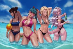 Rule 34 | 1boy, 4girls, android 18, android 21, armlet, armpits, arms behind head, arms up, ass, bald, ball, beachball, bikini, black hair, blonde hair, blue hair, bracelet, braid, breasts, bulma, chi-chi (dragon ball), cleavage, colored skin, dragon ball, dragon ball fighterz, dragonball z, g21mm, hair bun, jewelry, large breasts, looking at viewer, lotion, majin android 21, medium breasts, midriff, multiple girls, muten roushi, navel, old, old man, outdoors, parted lips, pink skin, silver hair, single hair bun, stomach, sunglasses, sunscreen, swimsuit, tail, toned, underboob, wet