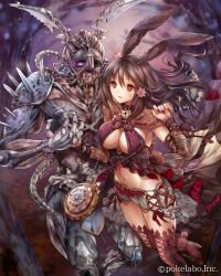 Rule 34 | 1girl, animal ears, armor, boots, bow, breasts, brown eyes, brown hair, chain, cleavage, collar, company name, detached sleeves, dress, eikou no guardian battle, flower, glowing, glowing eye, groin, hair between eyes, hair flower, hair ornament, high heel boots, high heels, highres, jewelry, large breasts, long hair, madogawa, nail polish, navel, necklace, official art, outstretched arm, rabbit ears, standing, standing on one leg, thighhighs