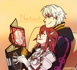 Rule 34 | 1boy, 1girl, ^ ^, armor, artist name, book, chair, cloak, closed eyes, cordelia (fire emblem), couple, fire emblem, fire emblem awakening, gloves, heart, hetero, husband and wife, long hair, look up, lovers (game), nintendo, noctuart, red eyes, red hair, robin (fire emblem), robin (male) (fire emblem), short hair, simple background, smile, very long hair, watermark, white hair, winged ornament