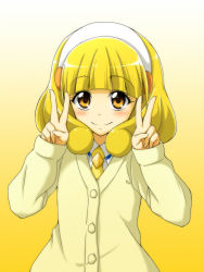 Rule 34 | 1girl, blonde hair, blunt bangs, cardigan, closed mouth, commentary request, double v, dress shirt, gradient background, hairband, kise yayoi, long sleeves, looking at viewer, medium hair, nagomiya (shousha), nanairogaoka middle school uniform, necktie, partial commentary, precure, school uniform, shirt, smile, smile precure!, solo, upper body, v, white hairband, white shirt, wing collar, yellow background, yellow cardigan, yellow eyes, yellow necktie