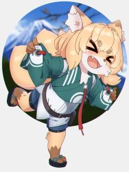 Rule 34 | &gt; &lt;, 1girl, :d, animal ear fluff, animal ears, belt, belt buckle, bike shorts, black footwear, black shorts, blonde hair, blue shorts, brown belt, buckle, closed eyes, commentary request, copyright request, fang, fox ears, fox girl, fox tail, full body, furry, furry female, green kimono, highres, japanese clothes, kimono, kitsune, kuro kosyou, long sleeves, open mouth, pinching sleeves, sandals, short eyebrows, short shorts, shorts, sleeves past wrists, smile, solo, standing, standing on one leg, tail, thick eyebrows, virtual youtuber, wide sleeves, xd, zouri