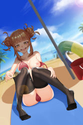 Rule 34 | 1girl, ass, bare arms, bare shoulders, beach, bikini, black thighhighs, blonde hair, blunt bangs, blurry, blurry background, boku no hero academia, breasts, cloud, commentary request, double bun, fangs, feet, grin, hair bun, highres, innertube, large breasts, looking at viewer, medium breasts, medium hair, messy hair, moetora, nipples, on ground, open mouth, outdoors, red bikini, sitting, smile, solo, solo focus, swim ring, swimsuit, teeth, thighhighs, toga himiko, yellow eyes