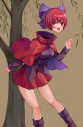 Rule 34 | 1girl, absurdres, black footwear, black shirt, blue bow, blush, boots, bow, cape, disembodied head, feet out of frame, hair bow, highres, koizumo, long sleeves, open mouth, red cape, red eyes, red hair, red skirt, sekibanki, shirt, short hair, skirt, solo, touhou
