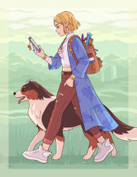 Rule 34 | 1girl, ankle wings, backpack, bag, bandaged fingers, bandages, blonde hair, blue eyes, bracelet, braid, breasts, cellphone, collie (dog), commentary, contemporary, crown braid, denim, dog, ear piercing, earrings, english commentary, eunnieboo, french braid, from side, hand in pocket, highres, jeans, jewelry, long coat, map, nintendo, pants, phone, piercing, pointy ears, princess zelda, shoes, short hair, smartphone, sneakers, solo, the legend of zelda, the legend of zelda: breath of the wild, the legend of zelda: tears of the kingdom, torn clothes, torn jeans, torn pants, walking, wings
