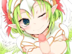 Rule 34 | 1girl, blush, breasts, censored, closed mouth, feathered wings, frfr, green eyes, green hair, highres, looking at viewer, mosaic censoring, one eye closed, original, penis, pointy ears, pov, short hair, solo focus, wings