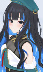 Rule 34 | 1girl, absurdres, bare shoulders, black eyes, black hair, blue hair, blunt bangs, closed mouth, colored inner hair, fate/grand order, fate (series), green hat, hat, highres, jacket, long hair, looking at viewer, multicolored hair, off shoulder, simple background, solo, tenochtitlan (fate), tenochtitlan (second ascension) (fate), upper body, wavy hair, wennananyan, white background