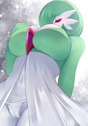 Rule 34 | 1girl, arm behind back, breasts, cameltoe, cleavage, creatures (company), dress, from below, furry, game freak, gardevoir, gen 3 pokemon, green hair, hair over one eye, hand on breast, hand on own chest, highres, large breasts, navel, nintendo, no humans, open clothes, open dress, pale skin, panties, pokemon, pokemon (creature), red eyes, sana!rpg, short hair, solo, thighs, underwear, white dress, white panties
