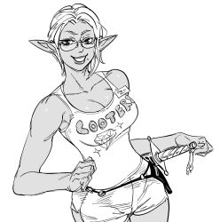 Rule 34 | 1girl, bare arms, bare shoulders, bb (baalbuddy), brand name imitation, breasts, cleavage, dark elf, elf, glasses, greyscale, hand on own hip, highres, hooters, large breasts, looking at viewer, mole, mole under mouth, monochrome, original, pointy ears, rimless eyewear, shirt, short hair, shorts, simple background, smile, solo, sword, tank top, weapon, white background