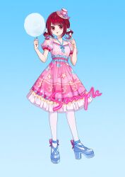 Rule 34 | 1girl, absurdres, arima kana, blue background, blue footwear, bob cut, candy, dress, food, full body, hat, hat ribbon, highres, holding, holding candy, holding food, inverted bob, looking at viewer, oshi no ko, pink dress, pink hat, red eyes, red hair, ribbon, short hair, simple background, socks, solo, white socks, xiang yu pai