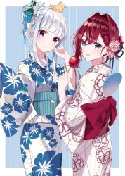 Rule 34 | 2girls, ange katrina, animal, animal on head, bad id, bad twitter id, bird, blue bow, blue eyes, blue hair, blue kimono, blunt bangs, blush, bow, candy apple, closed mouth, commentary, cowboy shot, duck, floral print, flower, food, from behind, hair bow, hair flower, hair intakes, hair ornament, hair up, hand fan, highres, holding, holding food, japanese clothes, kimono, lize helesta, long hair, long sleeves, looking at viewer, looking back, misumi (macaroni), multicolored hair, multiple girls, nijisanji, obi, on head, open mouth, paper fan, red hair, sash, sebastian piyodore, short hair, smile, striped clothes, striped kimono, two-tone hair, uchiwa, vertical-striped clothes, vertical-striped kimono, virtual youtuber, white hair, white kimono, wide sleeves, yukata