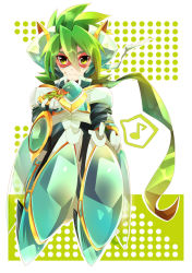 Rule 34 | 1boy, armor, dotted background, green eyes, green hair, green theme, long sleeves, looking at viewer, male focus, multicolored background, musical note, polka dot, polka dot background, rento (rukeai), saikyou ginga ultimate zero ~battle spirits~, smile, solo, spiked hair