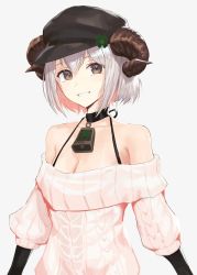 Rule 34 | 1girl, :d, arms at sides, bangosu, bare shoulders, bell, black choker, black hat, bra strap, breasts, brown eyes, choker, cleavage, clover, collarbone, commentary request, four-leaf clover, gradient background, grey background, grin, hat, horns, indie virtual youtuber, long sleeves, looking at viewer, medium breasts, off-shoulder, off-shoulder sweater, off shoulder, open mouth, short hair, silver hair, smile, solo, sweater, teeth, upper body, virtual youtuber, white sweater, yotsuba mary