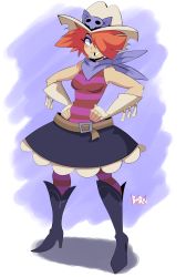 Rule 34 | 1girl, bigdead, boots, cowboy hat, hair over one eye, hat, high heel boots, high heels, highres, long gone gulch, orange hair, rawhide (long gone gulch), ribbon, skirt, skull, striped clothes, striped thighhighs, thighhighs