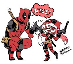 Rule 34 | 1boy, 1girl, cosplay, crossover, deadpool, deadpool (cosplay), deadpool (series), english text, eyebrows, fangs, inkling, inkling girl, inkling player character, kuromata, looking at viewer, marvel, monster girl, n-zap (splatoon), nintendo, parody, simple background, smile, splatoon (series), splatoon 1, sword, tentacle hair, tentacles, thick eyebrows, thumbs up, weapon, white background