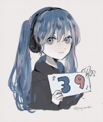 Rule 34 | 1girl, 39, bad id, bad pixiv id, black hoodie, blue eyes, blue hair, blue nails, closed mouth, commentary request, grey background, hagimorijia, hatsune miku, headphones, highres, holding, holding sign, hood, hood down, hoodie, long hair, long sleeves, looking at viewer, nail polish, partial commentary, sign, simple background, sleeves past wrists, smile, solo, twintails, twitter username, upper body, vocaloid