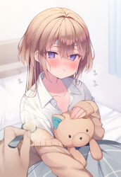 Rule 34 | 1boy, 1girl, bed, blush, brown hair, brown jacket, chewing, closed mouth, collarbone, collared shirt, commentary request, curtains, dress shirt, eating, ebihara beniko, feeding, hair between eyes, hand up, highres, holding, holding spoon, indoors, jacket, long hair, long sleeves, looking at viewer, original, pillow, pink nails, purple eyes, rice, shirt, sick, sleeves past wrists, solo focus, spoon, stuffed animal, stuffed cat, stuffed toy, sweat, under covers, white shirt