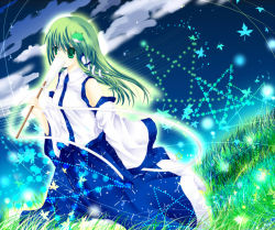 Rule 34 | 1girl, covering face, covering own mouth, covering privates, danmaku, detached sleeves, female focus, gohei, grass, green hair, japanese clothes, kochiya sanae, leaf, miko, oonusa, saki oka, sky, solo, star (sky), star (symbol), starry sky, touhou, wide sleeves