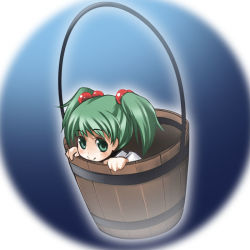 Rule 34 | 1girl, bad id, bad pixiv id, blush, bucket, female focus, green eyes, green hair, hair bobbles, hair ornament, in bucket, in container, kisume, makot, matching hair/eyes, ougi makoto, short hair, smile, solo, touhou, twintails