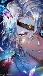 Rule 34 | 1boy, absurdres, blue background, blue gemstone, closed mouth, crystal, earrings, eyelashes, eyepatch, gem, glowing, glowing eyes, hair between eyes, highres, japanese clothes, jewelry, kimetsu no yaiba, light particles, looking at viewer, male focus, one eye covered, red eyes, short hair, smile, solo, sparkle, spoilers, spongexxwing, uzui tengen, white hair