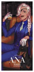 Rule 34 | 1girl, alcohol, ana (overwatch), armchair, blue suit, braid, chair, character name, copyright name, dark-skinned female, dark skin, doberman, dog, drink, eye of providence, eyepatch, facial tattoo, formal, gloves, grey eyes, hair over one eye, hair over shoulder, hair tubes, headpat, highres, lips, long hair, manly, necktie, one-eyed, open mouth, overwatch, overwatch 1, single braid, sitting, solo, suit, tattoo, vest, whiskey, white gloves, white hair, wope
