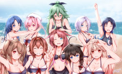 Rule 34 | 6+girls, :q, ahoge, alternate breast size, alternate costume, arms behind head, baileys (tranquillity650), bare shoulders, beach, beret, bikini, black hair, black ribbon, blonde hair, blue eyes, blue hair, blue ribbon, blue sky, blurry, blurry background, blush, braid, breasts, brown eyes, brown hair, carrying, closed eyes, collarbone, day, gradient hair, green eyes, green hair, hair between eyes, hair flaps, hair ornament, hair over shoulder, hair ribbon, hairband, hairclip, hand on another&#039;s shoulder, hand up, hands on another&#039;s head, harusame (kancolle), hat, heterochromia, highres, index finger raised, kantai collection, kawakaze (kancolle), large breasts, long hair, looking at another, looking at viewer, low twintails, medium breasts, messy hair, multicolored hair, multiple girls, murasame (kancolle), navel, o-ring, o-ring top, ocean, one eye closed, open mouth, orange eyes, outdoors, parted bangs, pink eyes, pink hair, red eyes, red hairband, remodel (kantai collection), ribbon, samidare (kancolle), sand, shigure (kancolle), shiratsuyu (kancolle), short hair, shoulder carry, side ponytail, sidelocks, signature, silver hair, single braid, sky, smile, sparkle, sports bikini, stomach, suzukaze (kancolle), swimsuit, tongue, tongue out, twintails, two side up, umikaze (kancolle), very long hair, yamakaze (kancolle), yuudachi (kancolle)