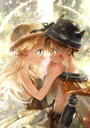 Rule 34 | 1boy, 1girl, bare shoulders, black shirt, blonde hair, blue eyes, brown eyes, brown hair, cape, closed mouth, clothes around waist, commentary request, eye contact, facial mark, from side, glasses, green pants, hand on another&#039;s chin, helmet, highres, jacket, jacket around waist, long hair, looking at another, low twintails, made in abyss, mechanical arms, navel, pants, profile, red cape, regu (made in abyss), riko (made in abyss), rimless eyewear, shirt, short hair, sleeveless, sleeveless shirt, smile, teiraman, twintails