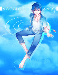 Rule 34 | 1boy, barefoot, blue eyes, blue hair, blue nails, blue theme, character name, cloud, collarbone, earphones, english text, feng you, from above, kaito (vocaloid), looking at viewer, male focus, nail polish, outline, pants, pants rolled up, reflection, ripples, short hair, sitting, sky, smile, vocaloid, water