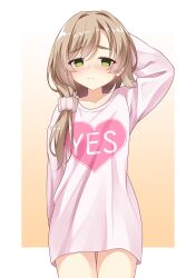 Rule 34 | 1girl, 3:, arm at side, arm up, blush, border, brown hair, closed mouth, commentary request, cowboy shot, embarrassed, gradient background, green eyes, hair intakes, hair ornament, hair scrunchie, highres, light brown background, long hair, long sleeves, looking at viewer, mikuni sairi, nose blush, pink shirt, scrunchie, sesen2000, shirt, simple background, solo, swept bangs, tenshi souzou re-boot!, thick eyebrows, white border, white scrunchie, yes