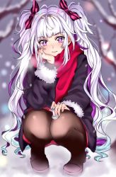 Rule 34 | 1girl, ahoge, black jacket, black pantyhose, blunt bangs, blurry, blush, bow, breath, caro (shironeko project), chess piece, closed mouth, depth of field, full body, fur trim, hair bow, hamu (plot sy), head rest, highres, jacket, long hair, looking at viewer, multicolored hair, pantyhose, purple eyes, purple hair, red scarf, red skirt, scarf, shironeko project, silver hair, skirt, solo, squatting, twintails, two-tone hair, very long hair