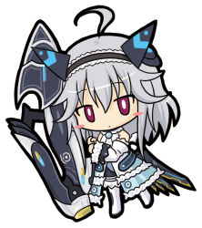 Rule 34 | 1girl, ahoge, bad id, bad pixiv id, bare shoulders, black hairband, blue dress, blush stickers, boots, character request, chibi, closed mouth, detached sleeves, dress, emil chronicle online, frilled hairband, frills, full body, hair between eyes, hairband, headgear, holding, leaning to the side, long sleeves, purple eyes, ri-net, silver hair, simple background, sleeveless, sleeveless dress, solo, standing, standing on one leg, thigh boots, thighhighs, white background, white footwear, white thighhighs
