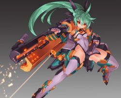 Rule 34 | 1girl, armor, beam rifle, black gloves, breasts, cleavage, clenched teeth, covered navel, dual wielding, energy gun, fingerless gloves, gloves, gradient background, green hair, grey background, gun, handgun, holding, holding gun, holding weapon, leotard, light particles, long hair, looking down, mecha musume, mk-5, navel, open mouth, original, ponytail, powering up, simple background, skin tight, small breasts, solo, teeth, thighs, weapon