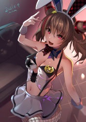 Rule 34 | 1girl, alone belm, azur lane, breasts, brown hair, cleavage, collar, dated, fishnet legwear, fishnets, from above, hair horns, highres, indoors, looking at viewer, looking up, medium breasts, microskirt, midriff, official alternate costume, open mouth, pink collar, playboy bunny, red eyes, san francisco (azur lane), san francisco (funny bunny!) (azur lane), shirt, skirt, sleeveless, sleeveless shirt, solo, strapless, strapless shirt, suspenders, v, white skirt
