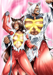 Rule 34 | 1boy, 1girl, alternate costume, animal ears, belt, black hair, clenched hand, clenched teeth, collarbone, cosplay, costume switch, crossdressing, crossover, glowing, imaizumi kagerou, kanji, long hair, long sleeves, muscular, open clothes, open shirt, red eyes, rugal bernstein, rugal bernstein (cosplay), sagattoru, shirt, smile, tan, teeth, the king of fighters, torn clothes, torn shirt, touhou, white shirt, wolf ears