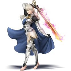 Rule 34 | 1girl, 3d, armor, barefoot, blonde hair, cape, chainsaw, corrin (female) (fire emblem), corrin (fire emblem), feet, fire, fire emblem, fire emblem fates, fire emblem if, full body, grey hair, hairband, highres, long hair, model, nintendo, official art, pointy ears, red eyes, solo, stirrup legwear, super smash bros., sword, tiptoes, toeless legwear, toes, transparent background, weapon, yato (fire emblem)