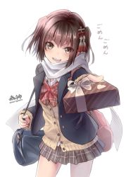 Rule 34 | 10s, 1girl, alternate costume, bag, blush, bow, box, brown eyes, brown hair, cowboy shot, gift, gift box, hair ornament, head tilt, incoming gift, kantai collection, looking at viewer, morigami (morigami no yashiro), open mouth, plaid, plaid bow, plaid skirt, pleated skirt, scarf, school bag, school uniform, sendai (kancolle), sendai kai ni (kancolle), short hair, shoulder bag, simple background, skirt, smile, solo, teeth, translated, twitter username, valentine, white background