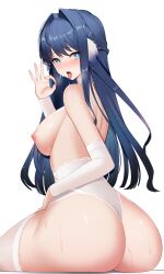 Rule 34 | 1girl, absurdres, arknights, ass, astesia (arknights), ateoyh, blue eyes, blue hair, breasts, bright pupils, diamond-shaped pupils, diamond (shape), fellatio gesture, garter belt, hair intakes, handjob gesture, highres, large breasts, long hair, nipples, open mouth, simple background, sitting, solo, symbol-shaped pupils, thighhighs, tongue, tongue out, topless, white background, white pupils, white thighhighs