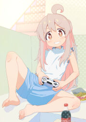 Rule 34 | 1girl, absurdres, ahoge, bare legs, barefoot, blue shorts, blush, brown eyes, chips (food), colored inner hair, commentary, controller, eyelashes, feet, food, full body, game controller, genderswap, genderswap (mtf), grey hair, grin, highres, holding, holding controller, holding game controller, indoors, leaning to the side, legs, long hair, looking at viewer, loungewear, multicolored hair, onii-chan wa oshimai!, oyama mahiro, pink hair, potato chips, shadow, shiina excel, shirt, short shorts, shorts, sitting, sleeveless, sleeveless shirt, smile, soda bottle, soles, solo, spread legs, toe scrunch, toenails, toes