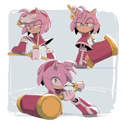 Rule 34 | absurdres, amy rose, animal ears, animal nose, arm up, boots, clenched teeth, closed mouth, dress, full body, furry, furry female, gloves, gold bracelet, green eyes, hairband, half-closed eyes, hammer, hedgehog, hedgehog ears, hedgehog girl, highres, holding, holding hammer, multiple views, pink fur, red dress, red footwear, red hairband, shirotani, short hair, simple background, sleeveless, sleeveless dress, sonic (series), teeth, toy hammer, white gloves