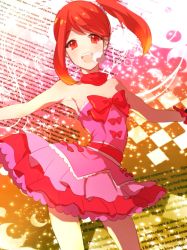 Rule 34 | 1girl, 3qoo, :d, bad id, bad pixiv id, bare shoulders, dress, harune aira, headset, idol, long hair, open mouth, pink dress, pretty series, pretty rhythm, red eyes, red hair, side ponytail, smile, solo