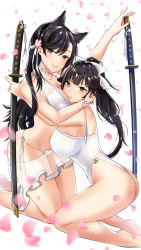 Rule 34 | 2girls, animal ears, ass, atago (azur lane), atago (summer march) (azur lane), azur lane, bikini, black hair, bow, breast smother, breasts, brown eyes, casual one-piece swimsuit, criss-cross halter, dog ears, face to breasts, hair bow, hair flaps, halterneck, highres, holding, holding sword, holding weapon, large breasts, long hair, looking at viewer, mole, mole under eye, multiple girls, one-piece swimsuit, one-piece thong, ponytail, ribbon, sarong, side-tie bikini bottom, swept bangs, swimsuit, sword, takao (azur lane), takao (beach rhapsody) (azur lane), very long hair, weapon, white background, white bikini, white bow, white one-piece swimsuit, white ribbon, yuzuri ai (ichigo crown)