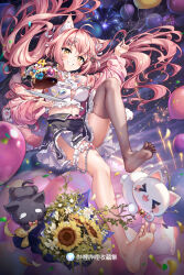 Rule 34 | 1girl, animal ears, barefoot, blush, cat, feet, grin, highres, long hair, looking at viewer, pink hair, sannio, see-through, see-through legwear, single thighhigh, smile, soles, thighhighs, toes, twintails, yellow eyes