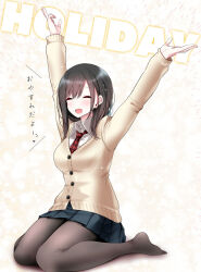 Rule 34 | 1girl, arms up, blue skirt, blush, breasts, brown hair, brown pantyhose, closed eyes, collared shirt, english text, fine fabric emphasis, jk-chan (oouso), large breasts, medium hair, miniskirt, necktie, no shoes, on ground, oouso, open mouth, original, pantyhose, parted bangs, patterned background, pleated skirt, red necktie, school uniform, shirt, sidelocks, sitting, skirt, solo, thighs, translation request, wariza