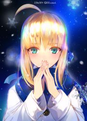 Rule 34 | 1girl, 2016, ahoge, artoria pendragon (all), artoria pendragon (fate), astarone, blonde hair, blush, breath, coat, dated, fate/stay night, fate (series), green eyes, hair ribbon, interlocked fingers, long sleeves, official alternate costume, ribbon, saber (fate), scarf, short hair, sidelocks, smile, snowflakes, snowing, solo, twitter username