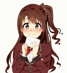 Rule 34 | 1girl, blazer, blush, bow, brown eyes, brown hair, closed mouth, eyes visible through hair, hair bow, hair intakes, highres, holding, holding letter, idolmaster, idolmaster cinderella girls, idolmaster cinderella girls starlight stage, jacket, letter, long hair, looking at viewer, love letter, love letter (idolmaster), nervous, nose blush, plaid, plaid bow, school uniform, shimamura uzuki, side ponytail, simple background, solo, upper body, vivid (key), white background