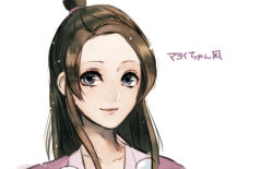 Rule 34 | 1girl, alternate hair length, alternate hairstyle, pearl fey, blue eyes, brown hair, ace attorney, half updo, japanese clothes, long hair, aged up, sakuyu, smile, solo, text focus, translation request