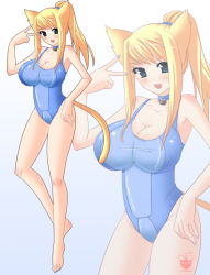 Rule 34 | 1girl, :3, adapted costume, animal ears, armpits, barefoot, blonde hair, blue background, blue eyes, blue one-piece swimsuit, breasts, cat ears, cat tail, cleavage, cowboy shot, feet, framboosi, full body, gradient background, hand on own hip, kemonomimi mode, large breasts, metroid, metroid: zero mission, nail polish, neck bell, nintendo, one-piece swimsuit, ponytail, samus aran, skin tight, smile, solo, standing, swimsuit, tail, v, white background, zoom layer