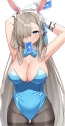 Rule 34 | 1girl, absurdres, animal ears, armpits, arms behind head, arms up, asuna (blue archive), asuna (bunny) (blue archive), bare shoulders, blue archive, blue eyes, blue leotard, blush, bow, bowtie, breasts, brown pantyhose, card, cleavage, detached collar, elbow gloves, fake animal ears, gloves, hair over one eye, highleg, highleg leotard, highres, large breasts, leotard, light brown hair, long hair, looking at viewer, mole, mole on breast, mouth hold, pantyhose, playboy bunny, playing card, rabbit ears, solo, suiroh (shideoukami), thighs, traditional bowtie, white gloves