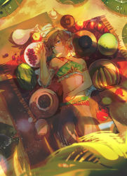 Rule 34 | 1boy, banana, bare shoulders, blonde hair, blue eyes, blush, commentary request, crossdressing, day, detached sleeves, earrings, food, fruit, gerudo set (zelda), hand on own stomach, highres, jewelry, kitou-kun, link, looking at viewer, lying, male focus, melon, midriff, mouth veil, nintendo, official alternate costume, on back, palm tree, pointy ears, pot, solo, stomach, strawberry, sunlight, the legend of zelda, the legend of zelda: breath of the wild, trap, tree, veil